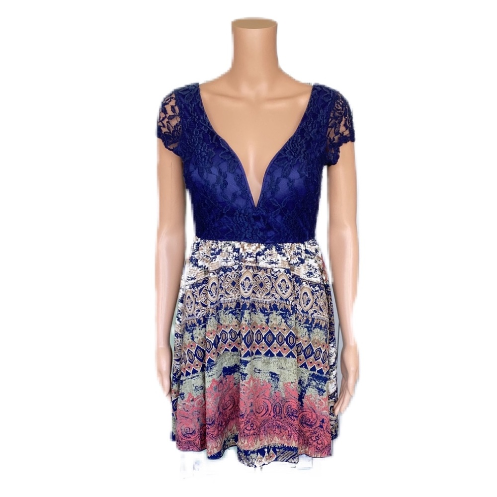 NAVY BLUE LACE BUST AND PATTERNED SKIRT DRESS